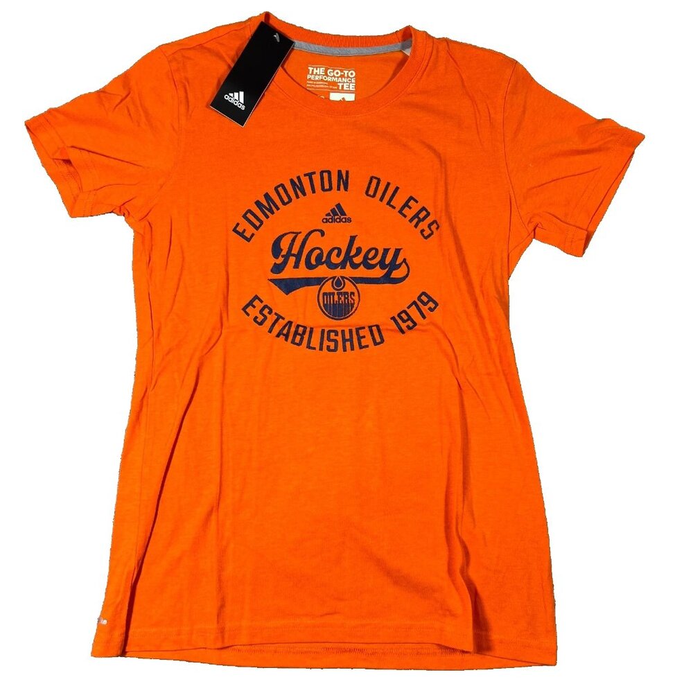 Adidas‎ Womens S Orange Edmonton Oilers NHL Hockey The Go-To Performance Tee NWT